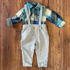 Double Weave Plaid Button Up & Overall Set